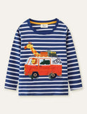 Animal Bus Appliqué Striped Long Sleeve T-shirt