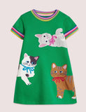 Appliqué Short Sleeve Dress Highland Green Cats