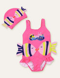Fish Cute Printed Swimsuit + Swimming Cap - Mini Taylor