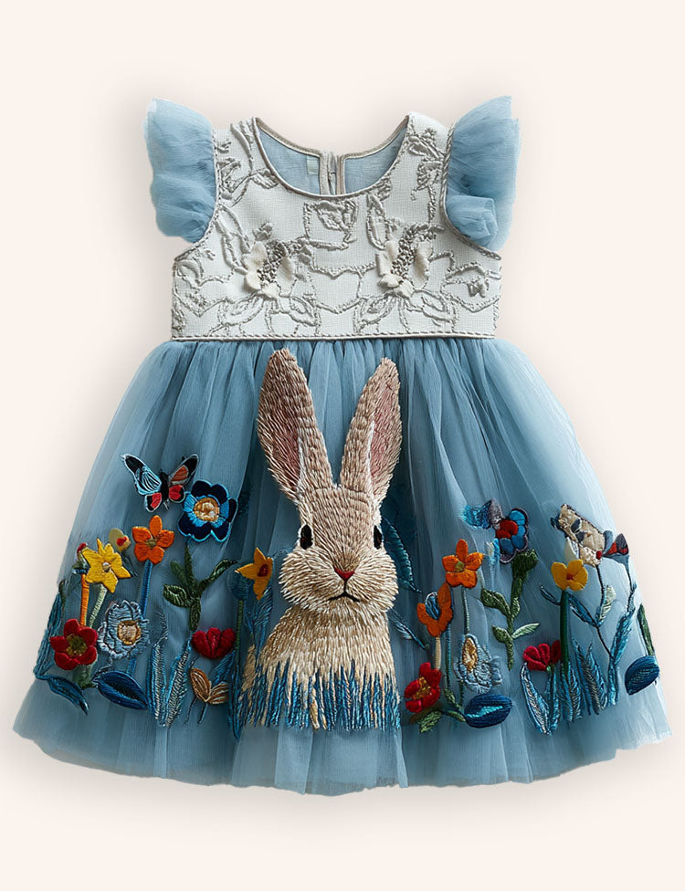 Tulle Floral Bunny Appliqué Party Dress
