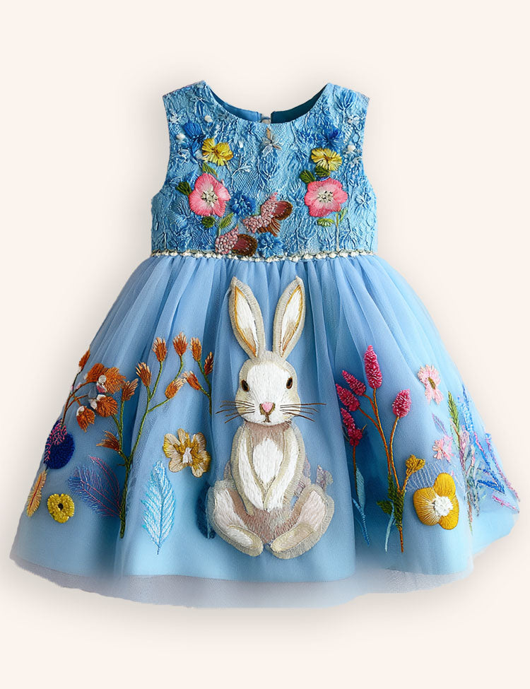 Tulle Floral Bunny Appliqué Party Dress