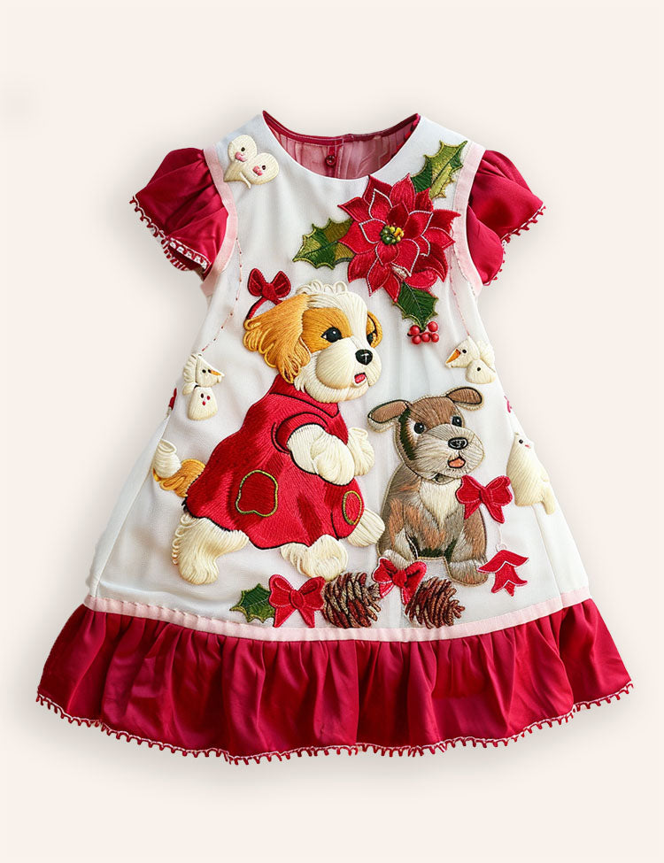 Fun Christmas Big Puppy Appliqué Dress