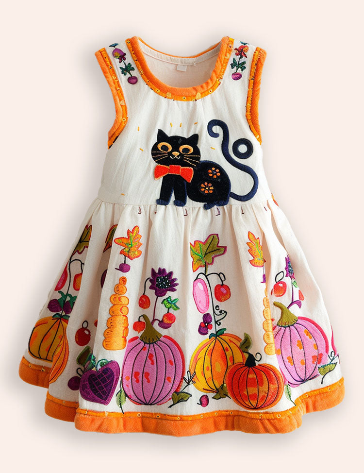 Halloween Cat Pumpkin Applique Dress