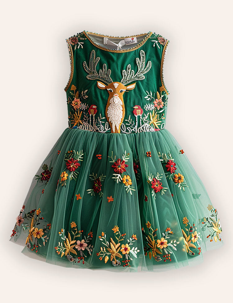 Festival Floral Reindeer Embroidered Tulle Dress