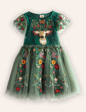 Festival Floral Reindeer Embroidered Tulle Dress