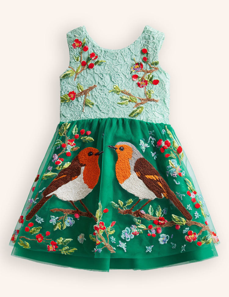 Floral Bird Embroidered Tulle Dress