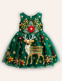 Festival Floral Reindeer Embroidered Tulle Dress
