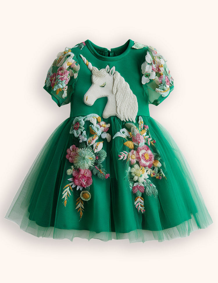Floral Unicorn Appliqué Tulle Party Dress