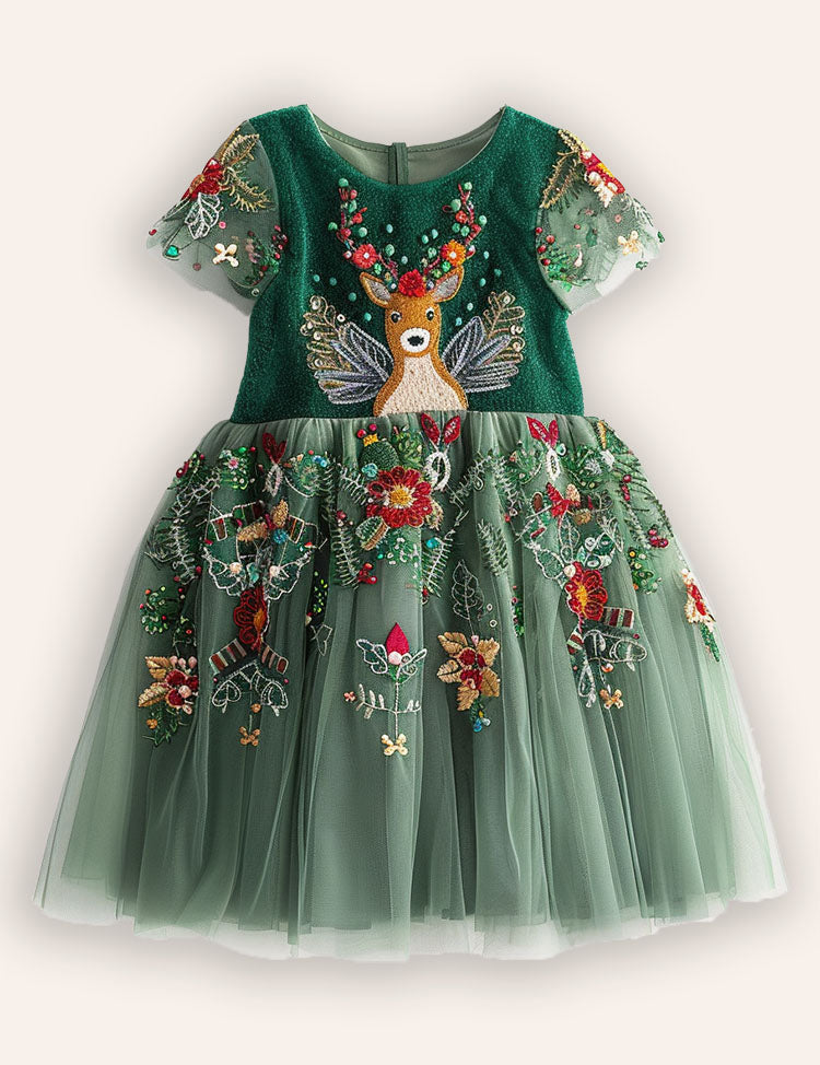 Festival Floral Reindeer Embroidered Tulle Dress
