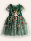 Festival Floral Reindeer Embroidered Tulle Dress