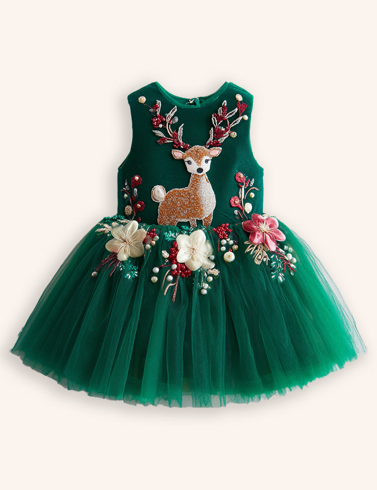 Tulle Floral Reindeer Embroidered Dress
