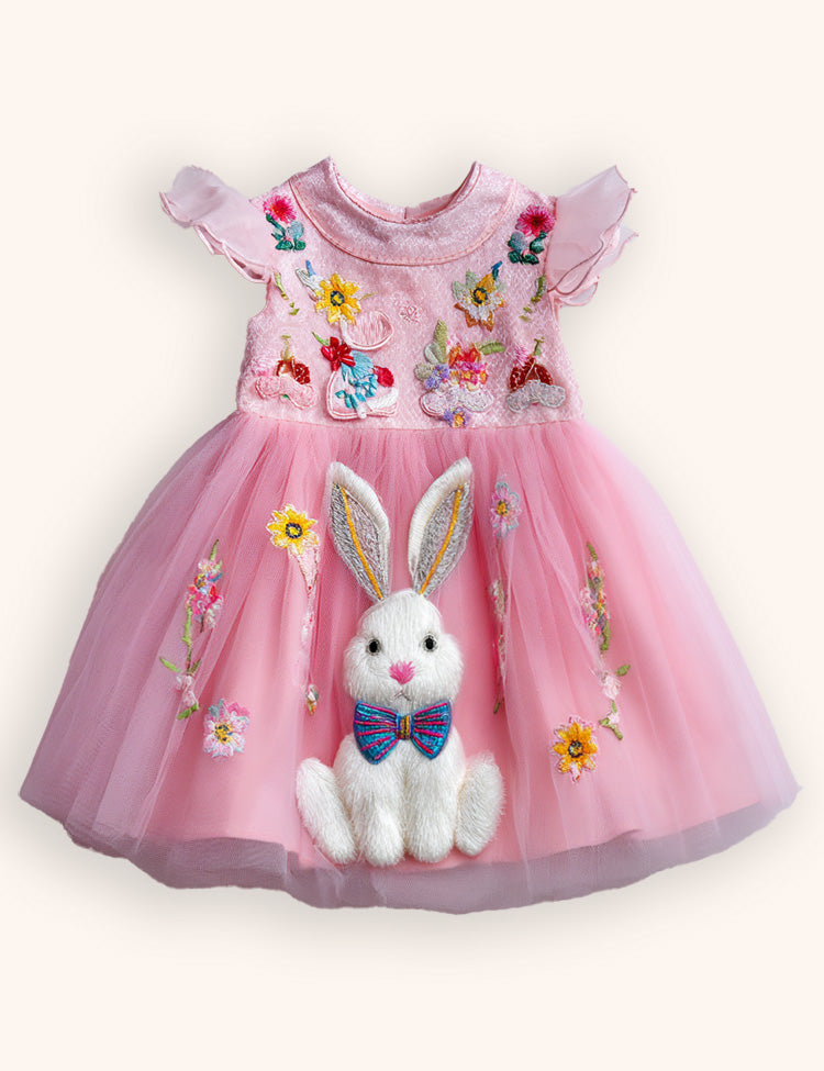 Tulle Floral Bunny Appliqué Party Dress
