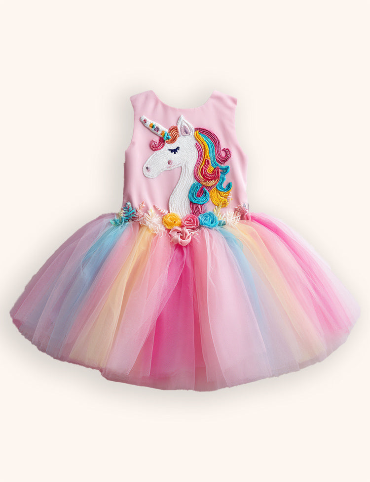 Floral Unicorn Appliqué Tulle Party Dress
