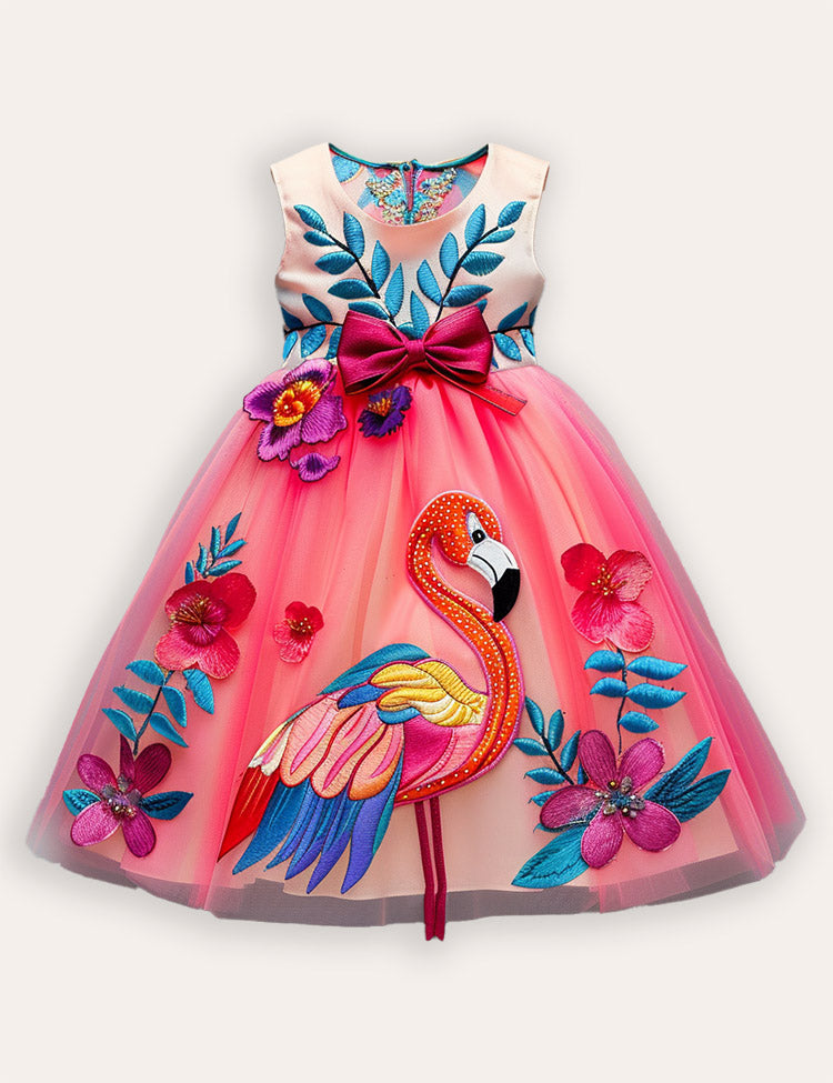 Flamingo Flower Embroideried Tulle Dress