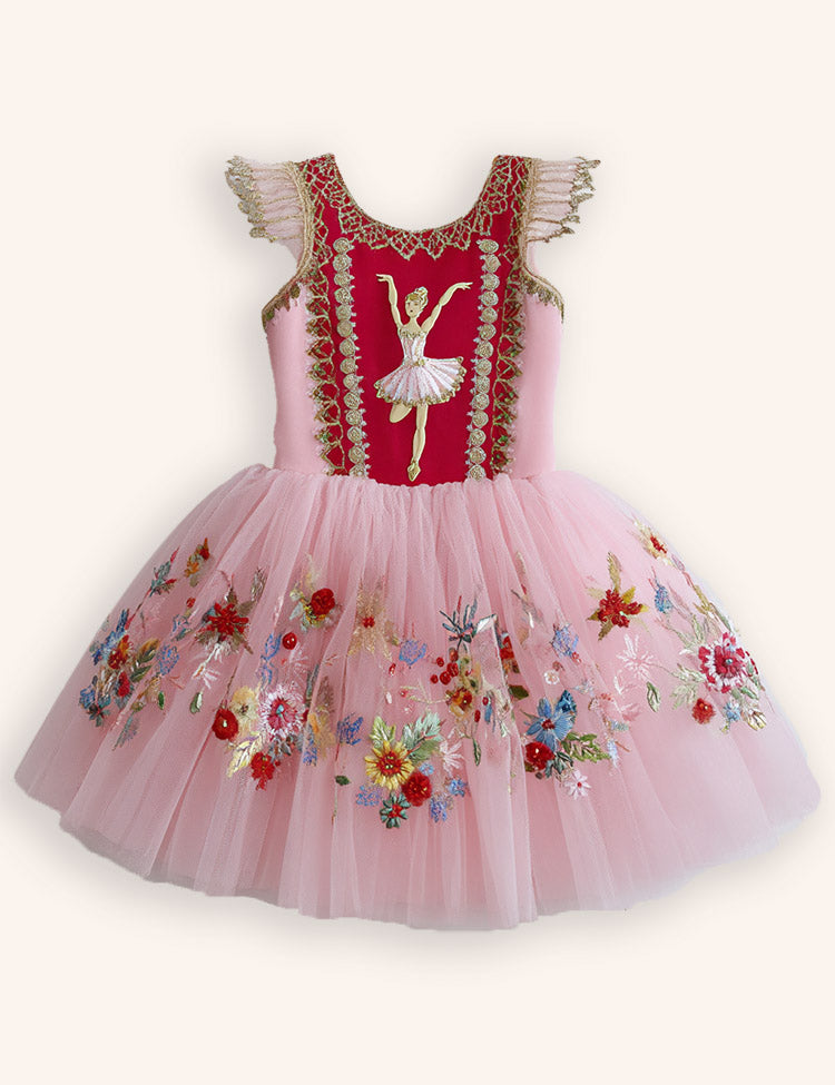 Floral Ballet Girl Appliqué Tulle Dress