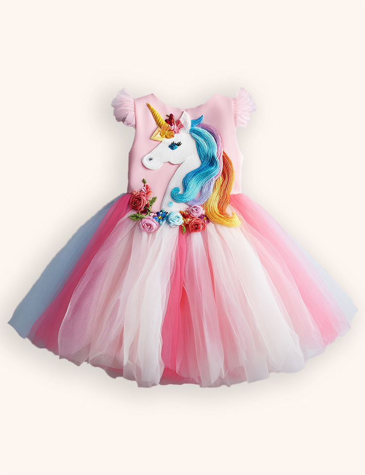 Floral Unicorn Appliqué Tulle Party Dress