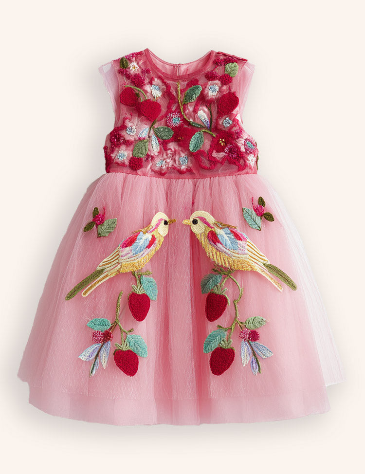 Tulle Floral Birds Embroidered Dress