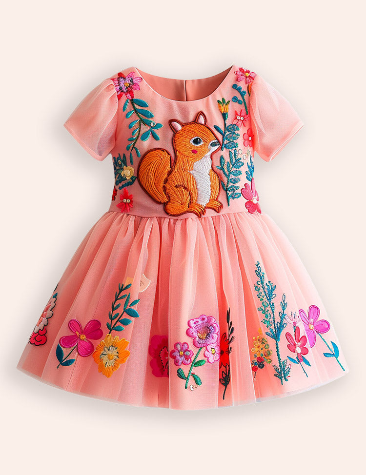 Squirrel Floral Appliqué Tulle Dress