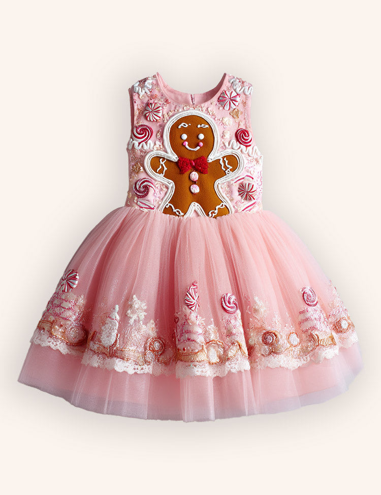 Tulle Gingerbread Man Embroidered Dress