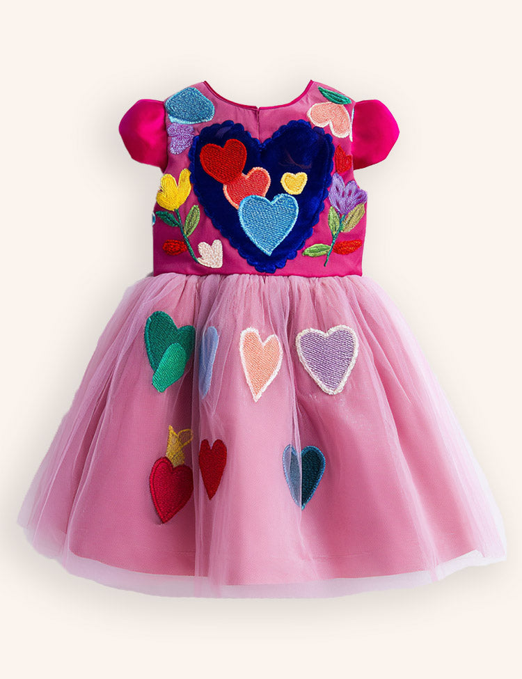Multi Hearts Appliqué Tulle Dress