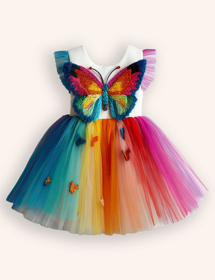 Rainbow Butterfly Tulle Embroideried Dress