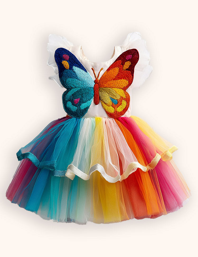 Rianbow Butterfly Appliqué Tulle Party Dress