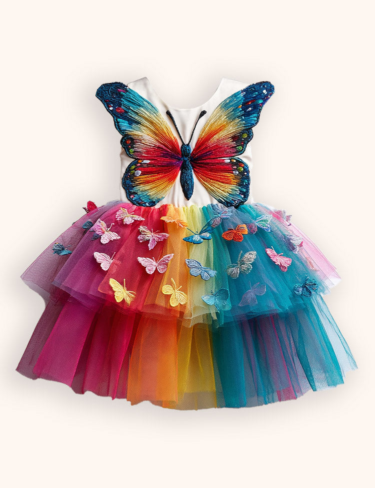 Rianbow Butterfly Appliqué Tulle Party Dress