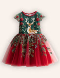 Festival Floral Reindeer Embroidered Tulle Dress