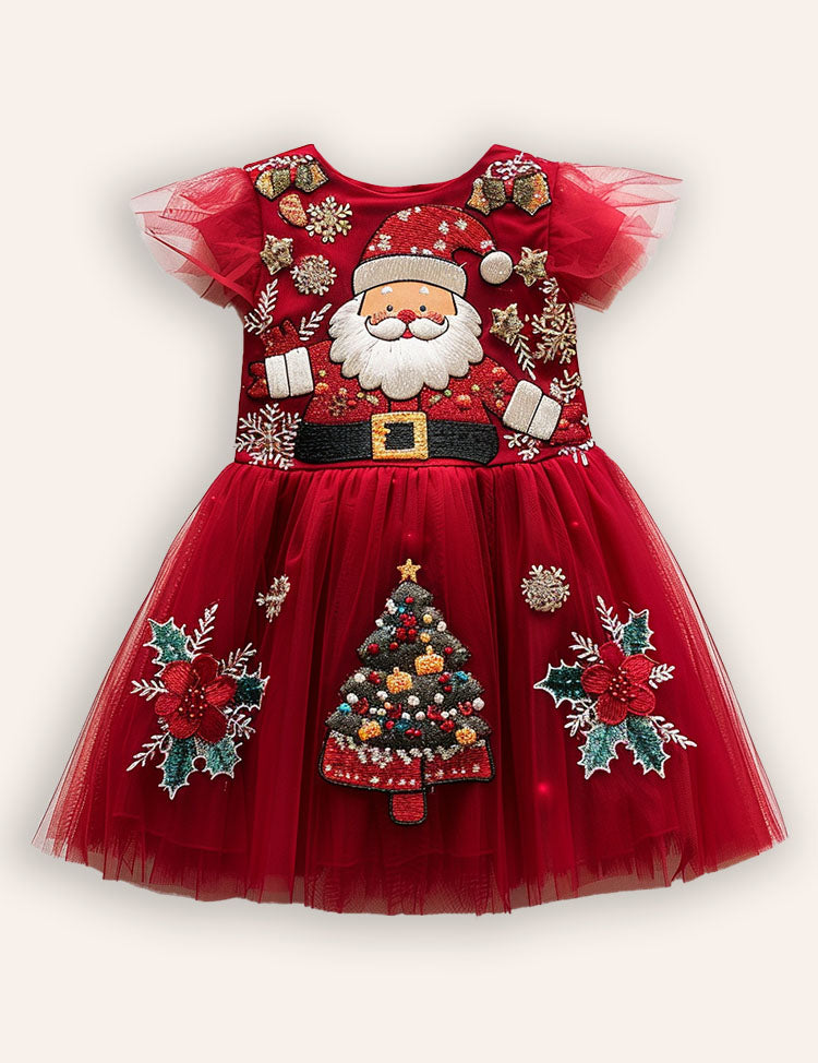 Christmas Santa Embroidery Long Tulle Dress