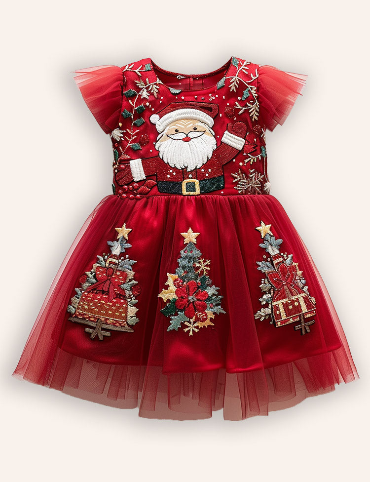 Christmas Santa Embroidery Long Tulle Dress