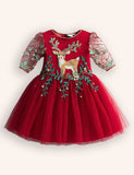 Tulle Floral Reindeer Embroidered Dress