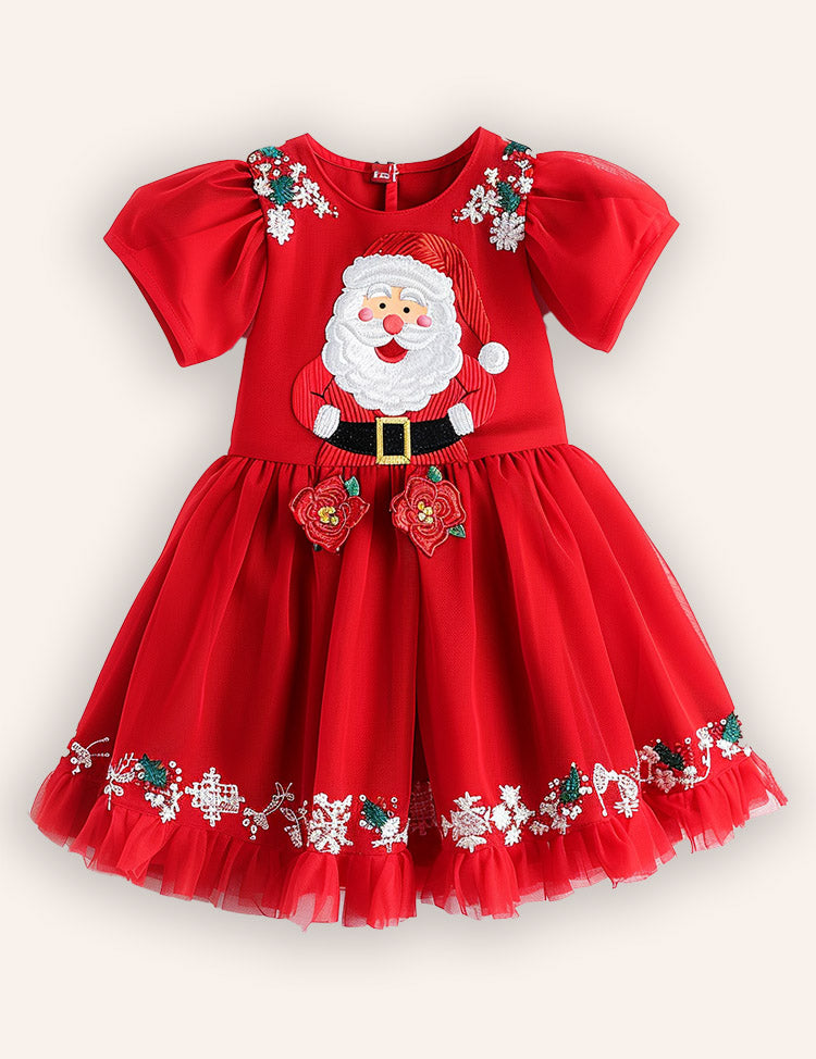 Christmas Santa Embroidery Long Tulle Dress