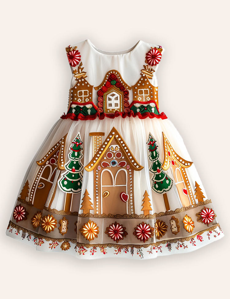Christmas Gingerbread House Applique Tulle Dress
