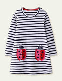 Ladybug Appliqué Striped Long-Sleeved Dress