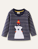 Penguin and Polar Bear Appliqué Striped T-shirt