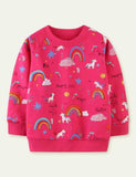 Frottee-Langarmpullover mit Regenbogenwolken-Pony-Print