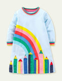 Rainbow Pencil Appliqué Long Sleeve Dress