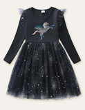 Sequined Unicorn Embroidered Long Sleeve Dress