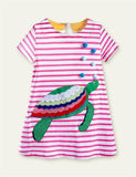 Turtle Appliqué Short-Sleeved Striped Dress - Mini Taylor
