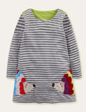 Cartoon Animal Appliqué Striped Long Sleeve Dress - Mini Taylor