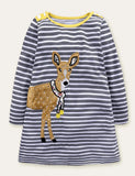 Cartoon Animal Appliqué Striped Long Sleeve Dress - Mini Taylor