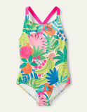 Cross-back Printed Multi Tropical Fruit Swimsuit