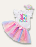 Easter Cartoon Bunny Egg Embroidered Pleated Romper+Rainbow Tulle Skirt - Mini Taylor