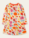 Halloween Pumpkin Leaves Printed Long Sleeve Dress - Mini Berni