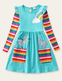 Rainbow Sequined Unicorn Butterfly Long Sleeve Dress