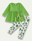 St. Patrick's Day Cartoon Unicorn Long Sleeve Dress+Clover Leggings