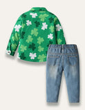 St. Patrick's Day Clover Printed Long Sleeve Shirt+Jeans - Mini Taylor